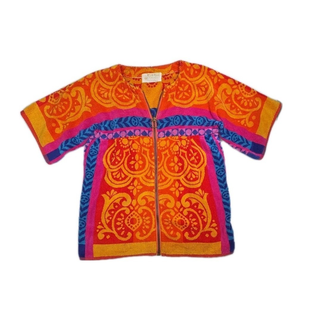 Vtg 1970's Royal Terry Resort Bright Cover-up Towel Ring Zip Tunic Top Japan